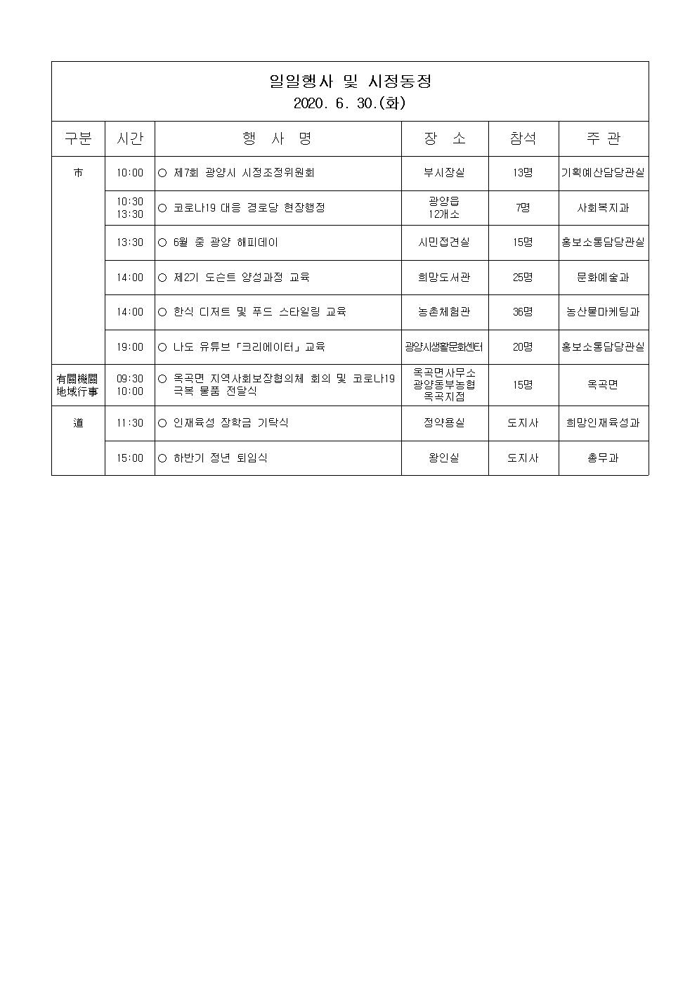 일일행사[2020년 6월 30일(화) 및 예정행사]