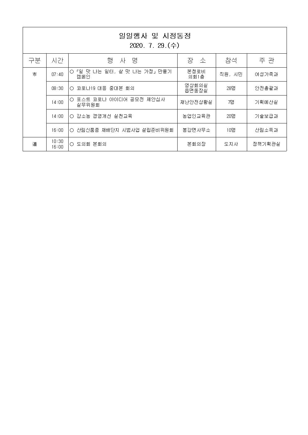 일일행사[2020년 7월 29일(수) 및 예정행사]