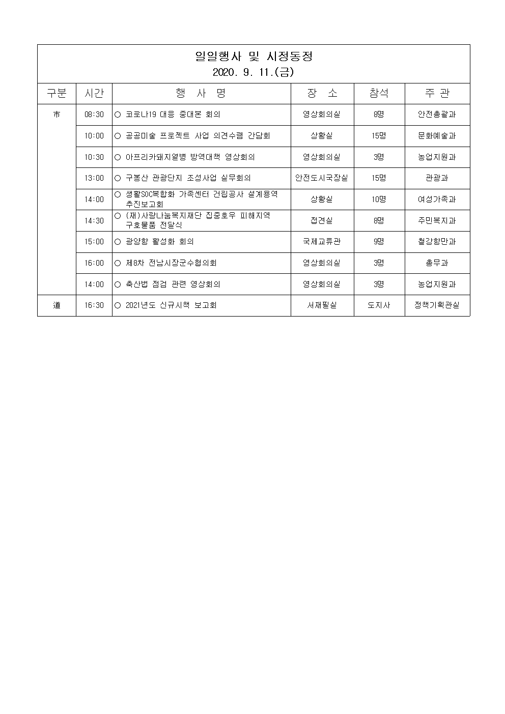 일일행사[2020년 9월 11일(금) 및 예정행사]