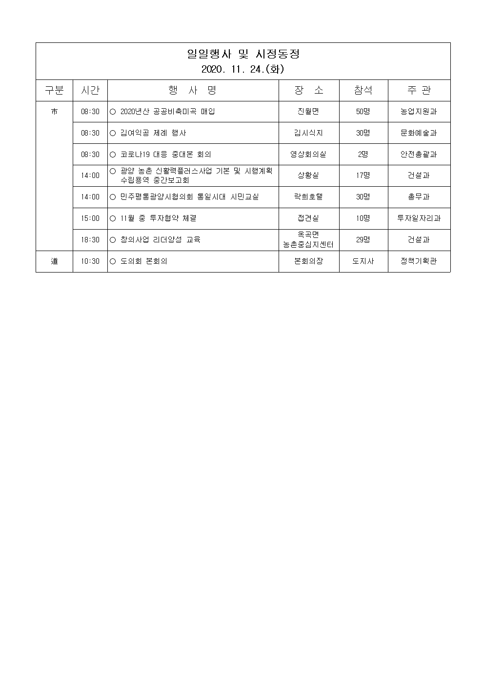 일일행사[2020년 11월 24일(화) 및 예정행사]