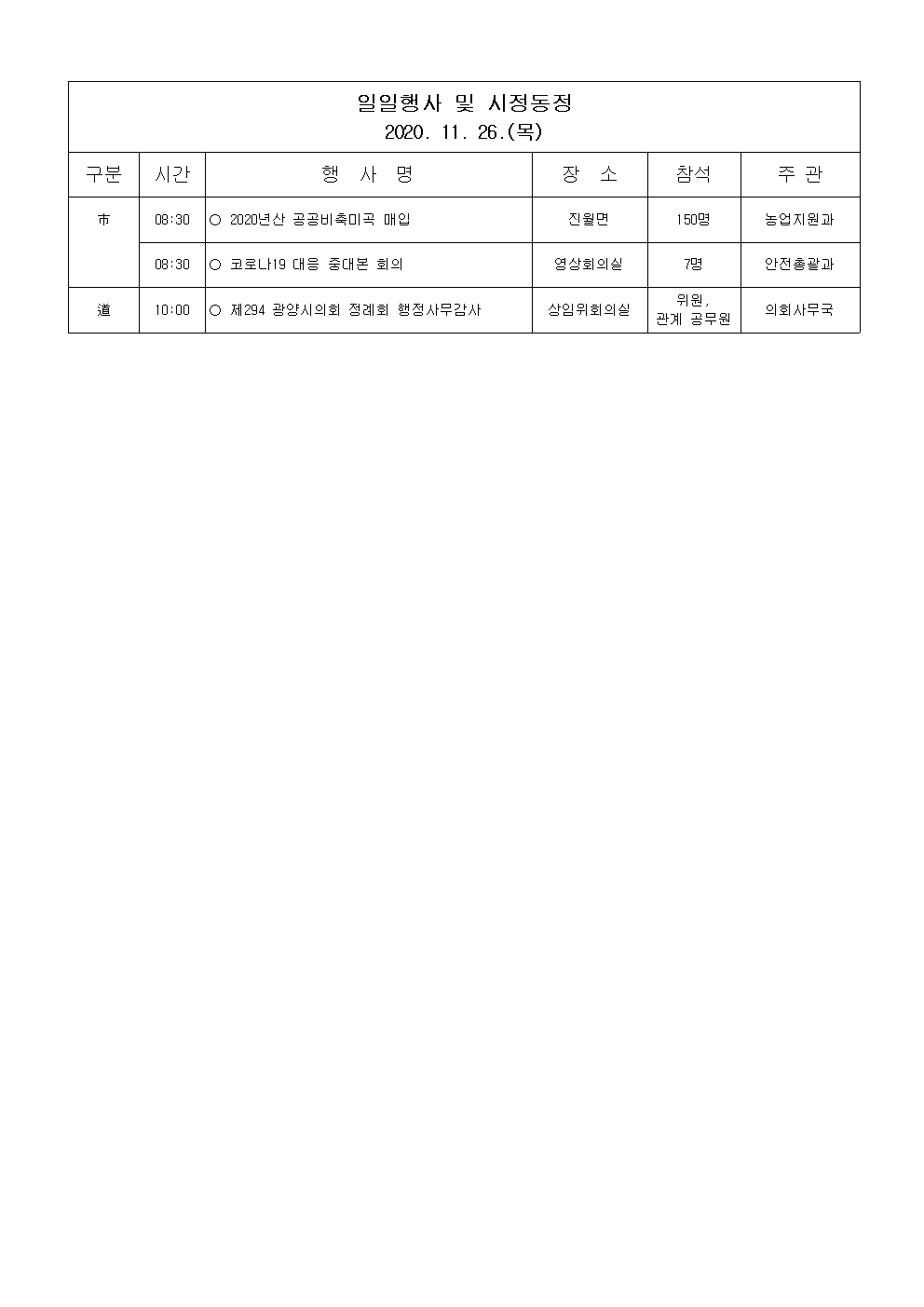 일일행사[2020년 11월 26일(목) 및 예정행사]