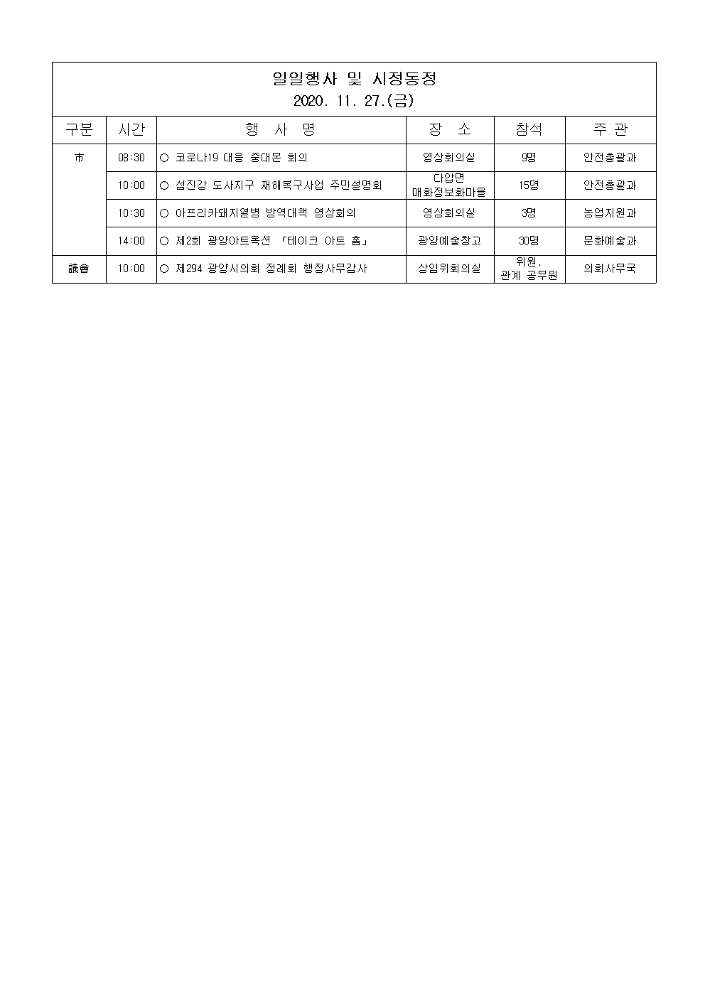 일일행사[2020년 11월 27일(금) 및 예정행사]