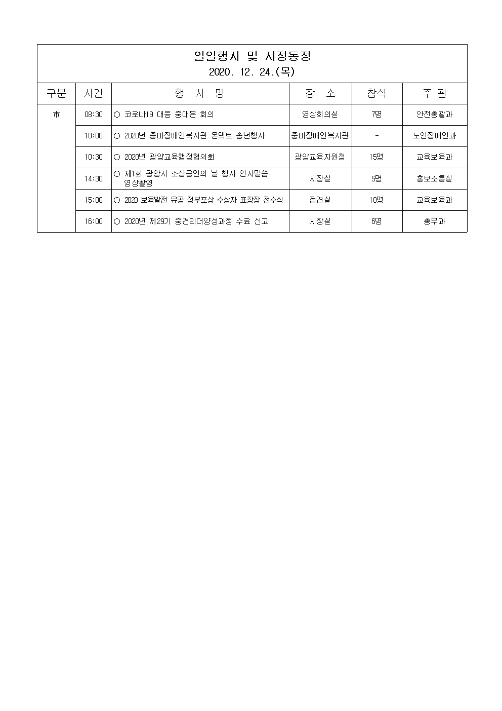 일일행사[2020년 12월 24일(목) 및 예정행사]