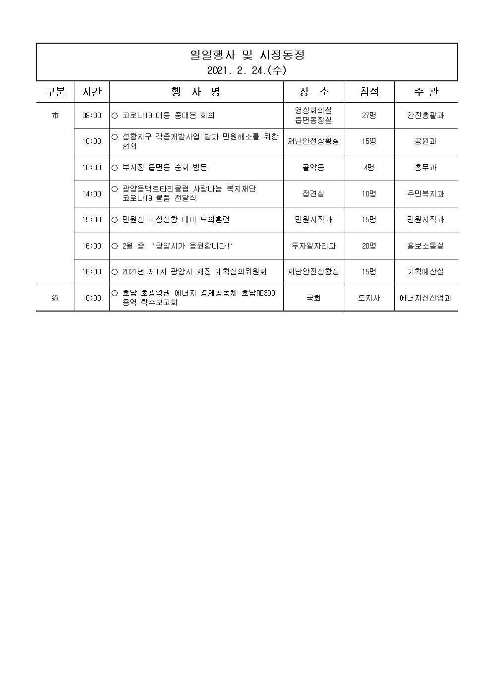 일일행사[2021년 2월 24일(수) 및 예정행사]