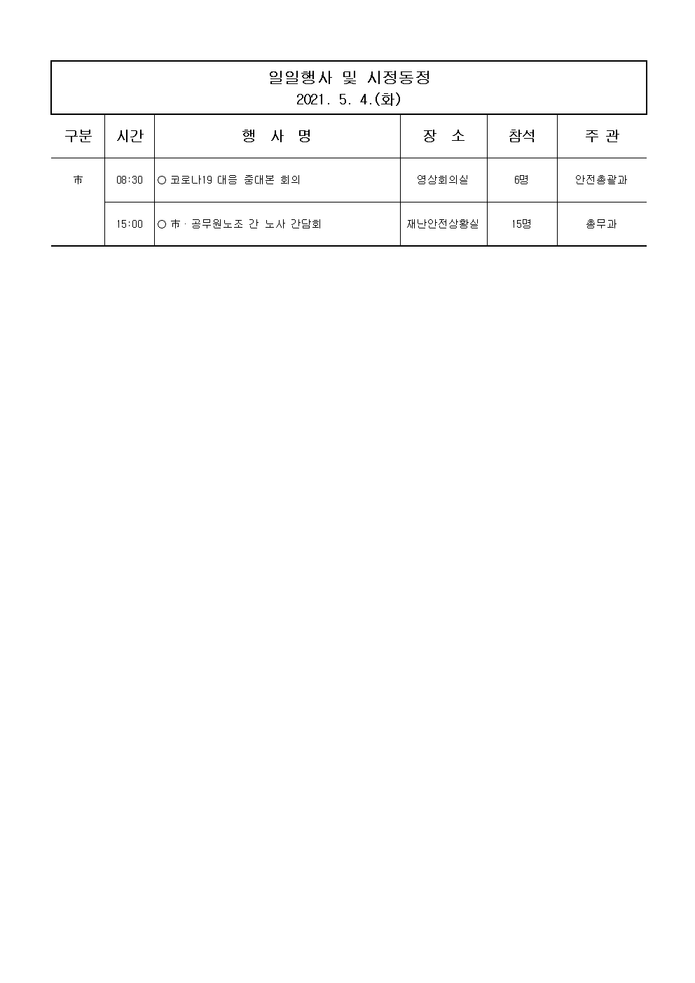 일일행사[2021년 5월 4일(화) 및 예정행사]