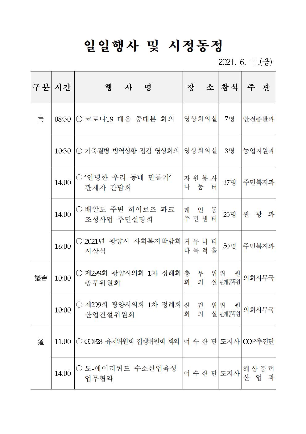 일일행사[2021년 6월 11일(금) 및 예정행사]