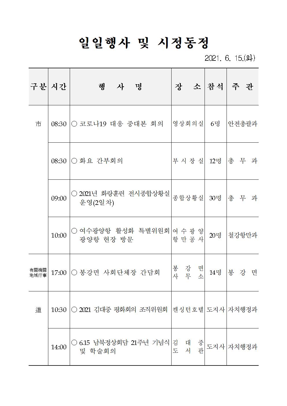 일일행사[2021년 6월 15일(화) 및 예정행사]