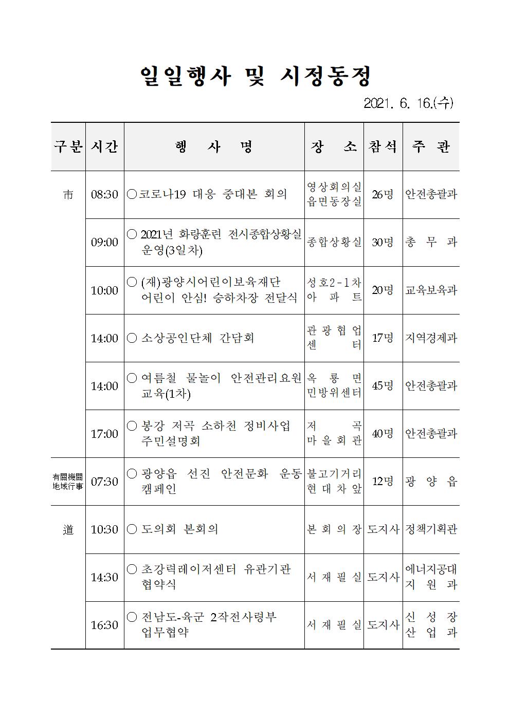 일일행사[2021년 6월 16일(수) 및 예정행사]