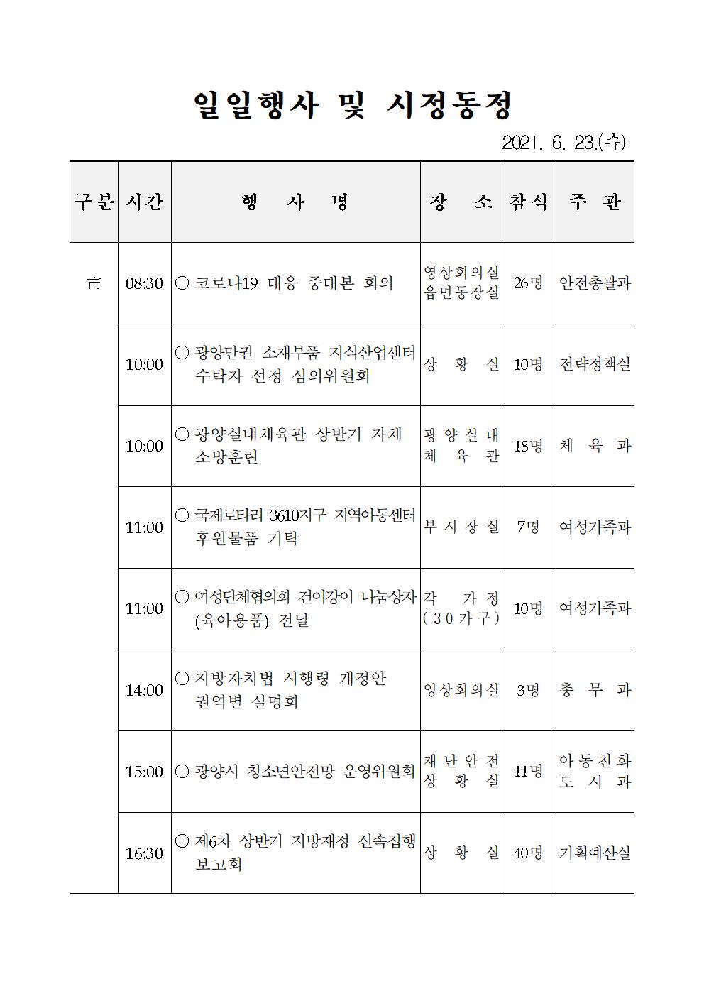 일일행사[2021년 6월 23일(수) 및 예정행사]