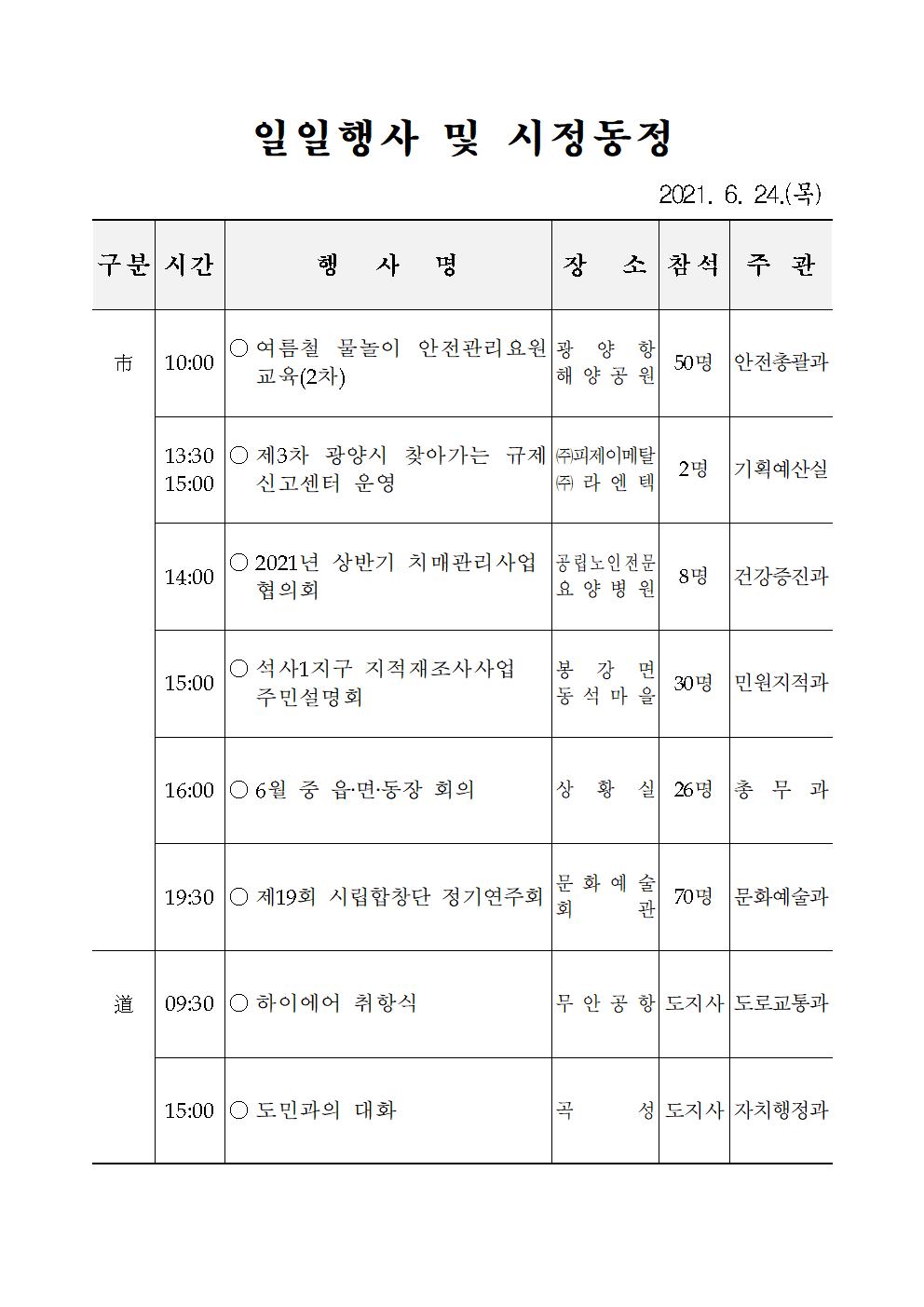 일일행사[2021년 6월 24일(목) 및 예정행사]