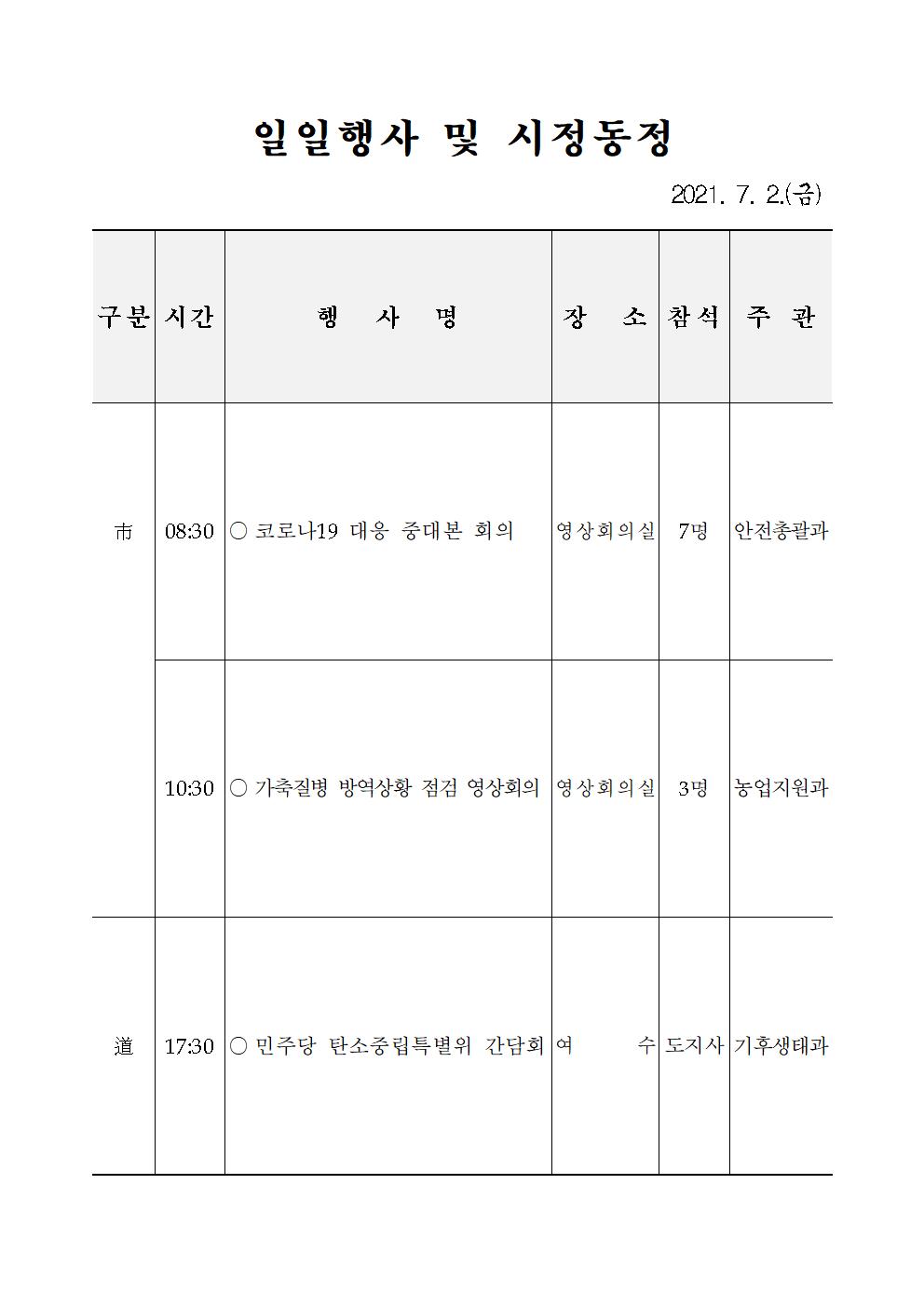 일일행사[2021년 7월 2일(금) 및 예정행사]