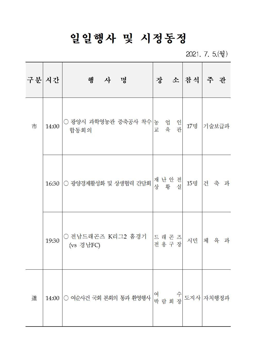 일일행사[2021년 7월 5일(월) 및 예정행사]