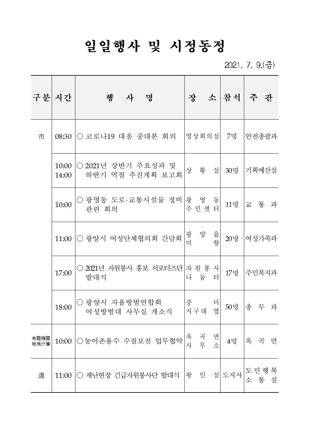 일일행사[2021년 7월 9일(금) 및 예정행사]