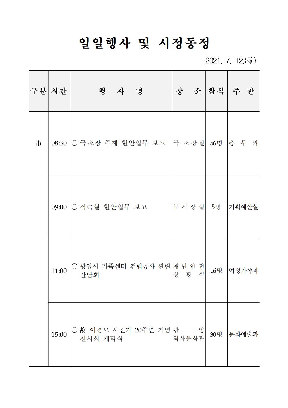 일일행사[2021년 7월 12일(월) 및 예정행사]