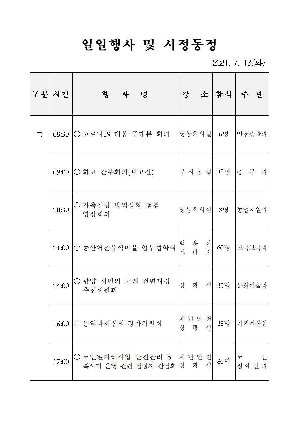 일일행사[2021년 7월 13일(화) 및 예정행사]