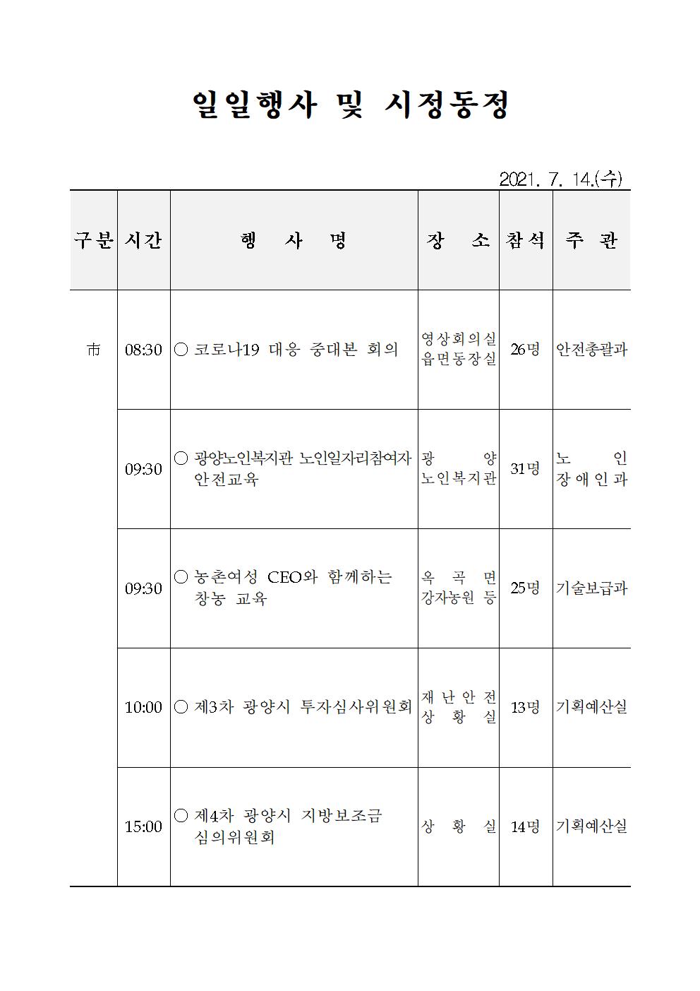 일일행사[2021년 7월 14일(수) 및 예정행사]