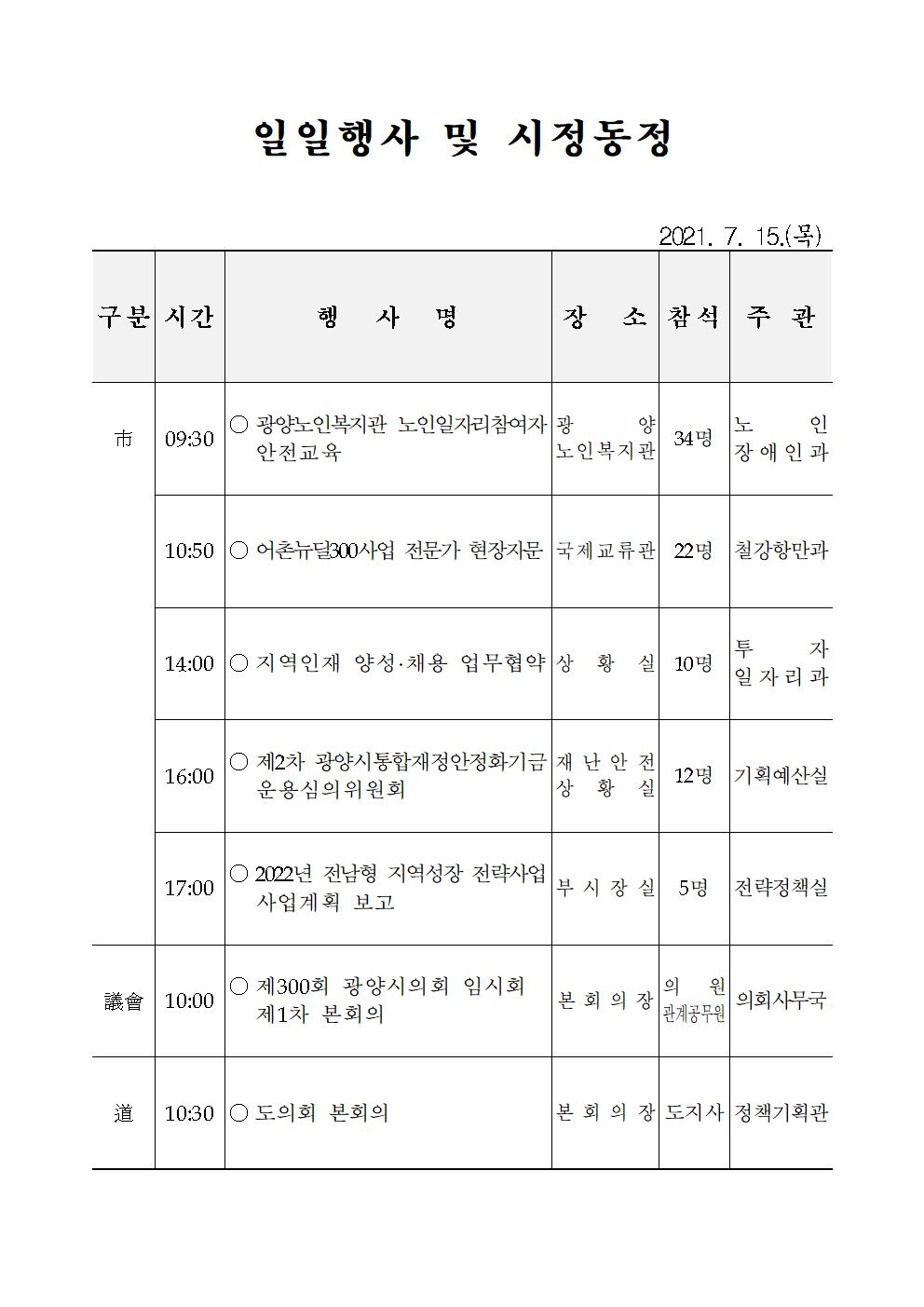 일일행사[2021년 7월 15일(목) 및 예정행사]