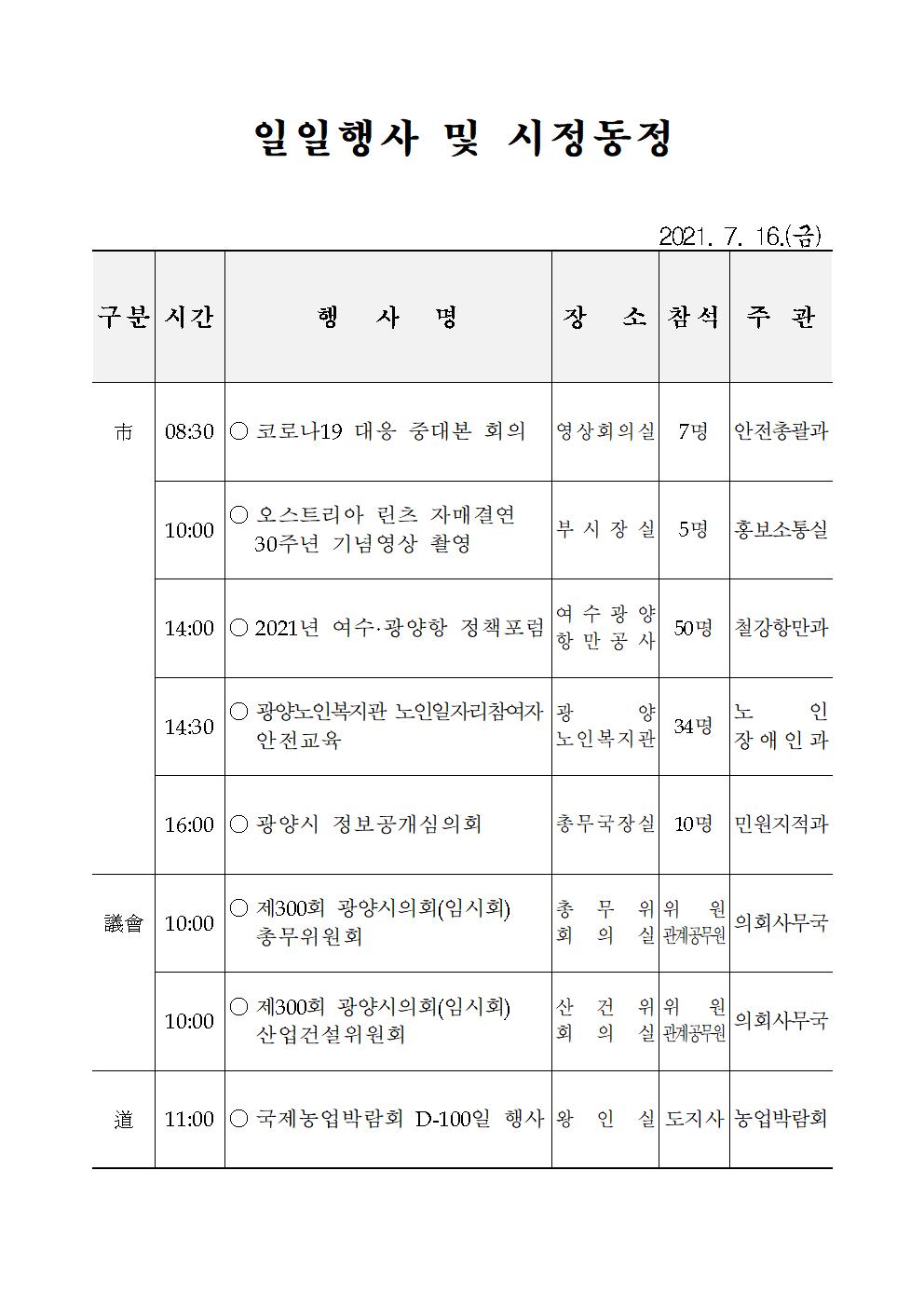 일일행사[2021년 7월 16일(금) 및 예정행사]