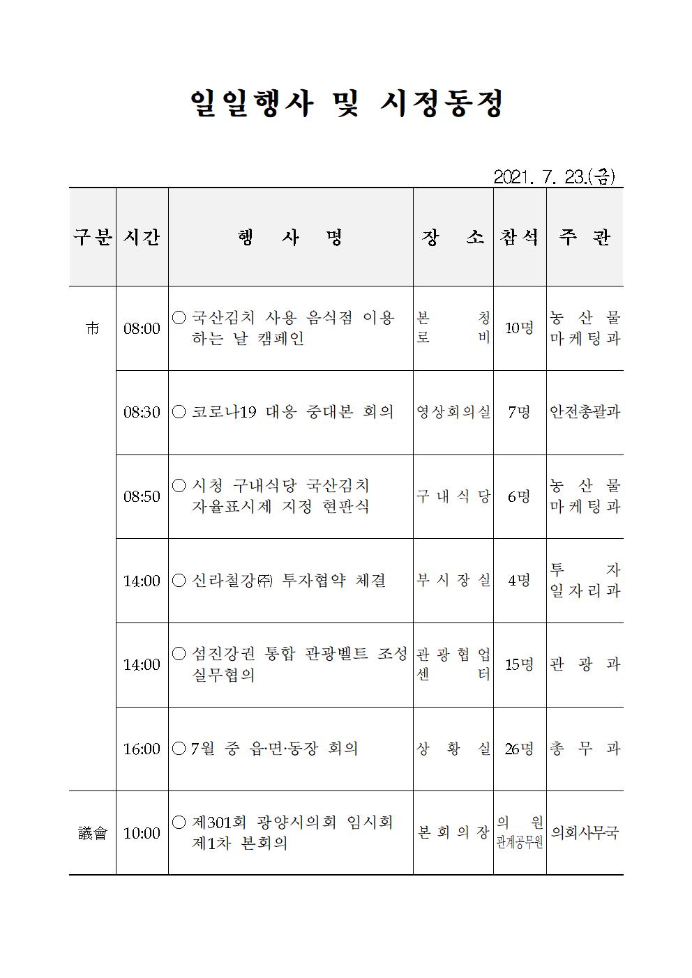 일일행사[2021년 7월 23일(금) 및 예정행사]