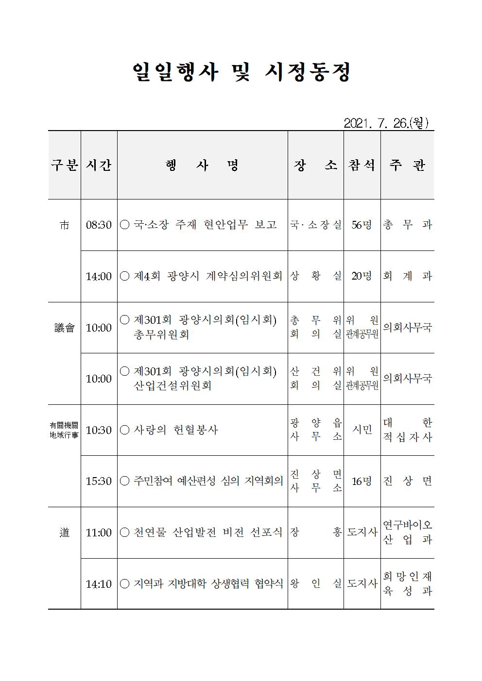 일일행사[2021년 7월 26일(월) 및 예정행사]