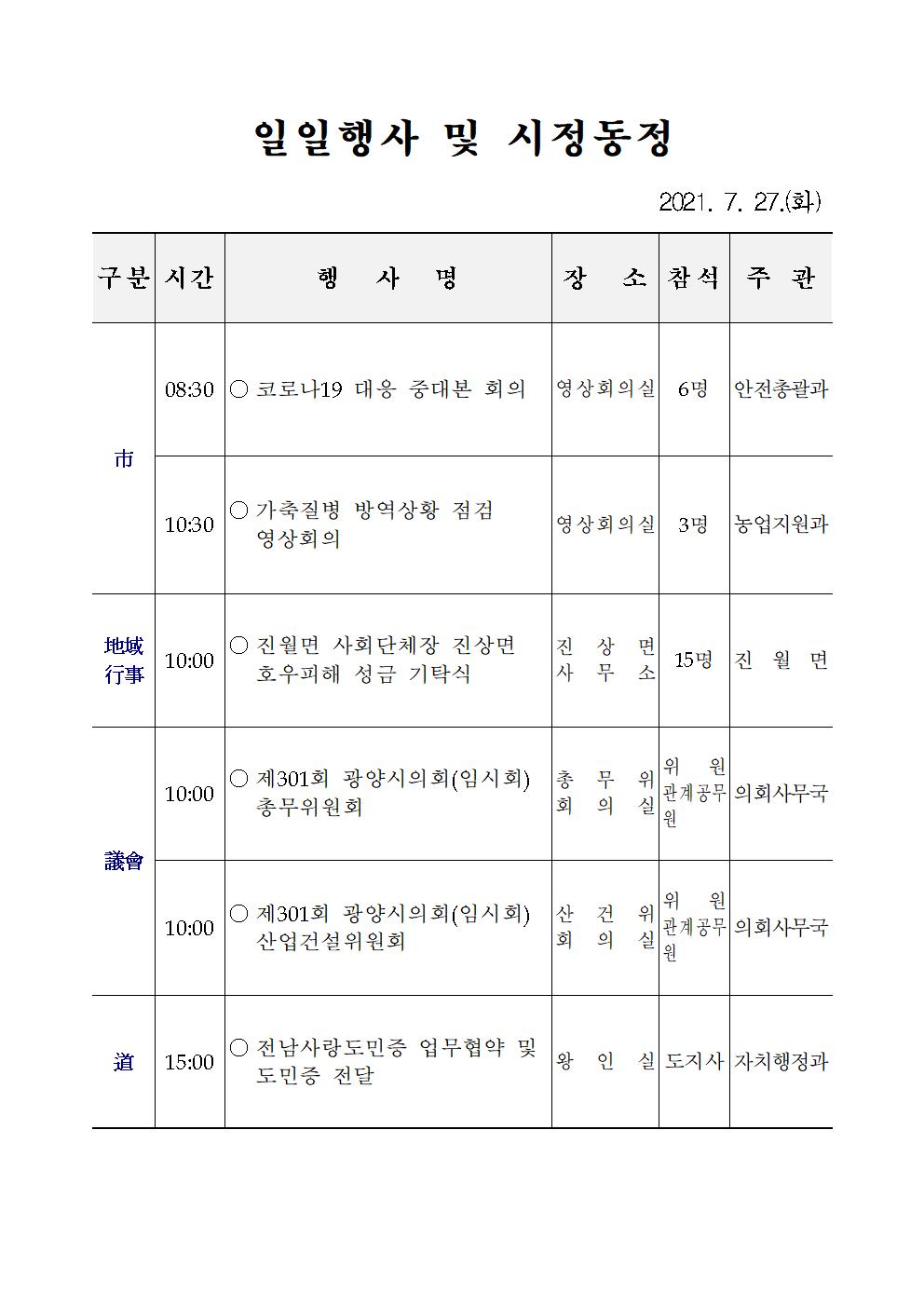 일일행사[2021년 7월 27일(화) 및 예정행사]