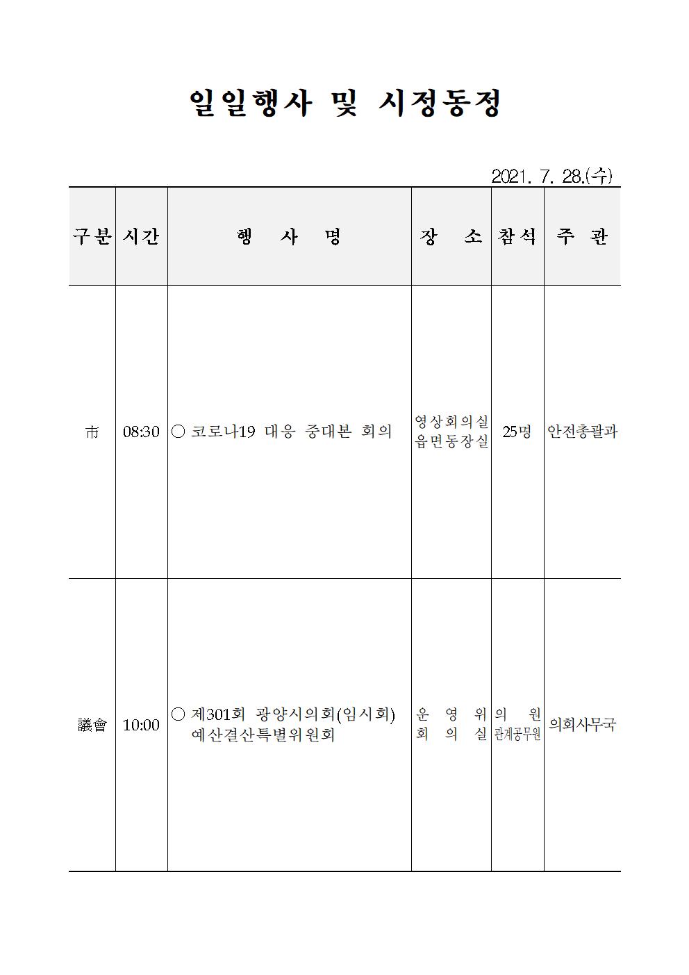 일일행사[2021년 7월 28일(수) 및 예정행사]