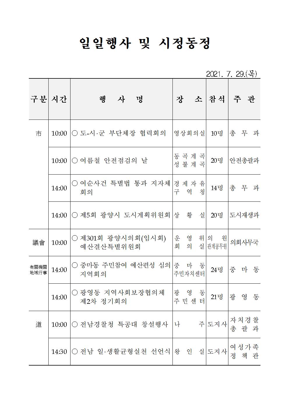 일일행사[2021년 7월 29일(목) 및 예정행사]