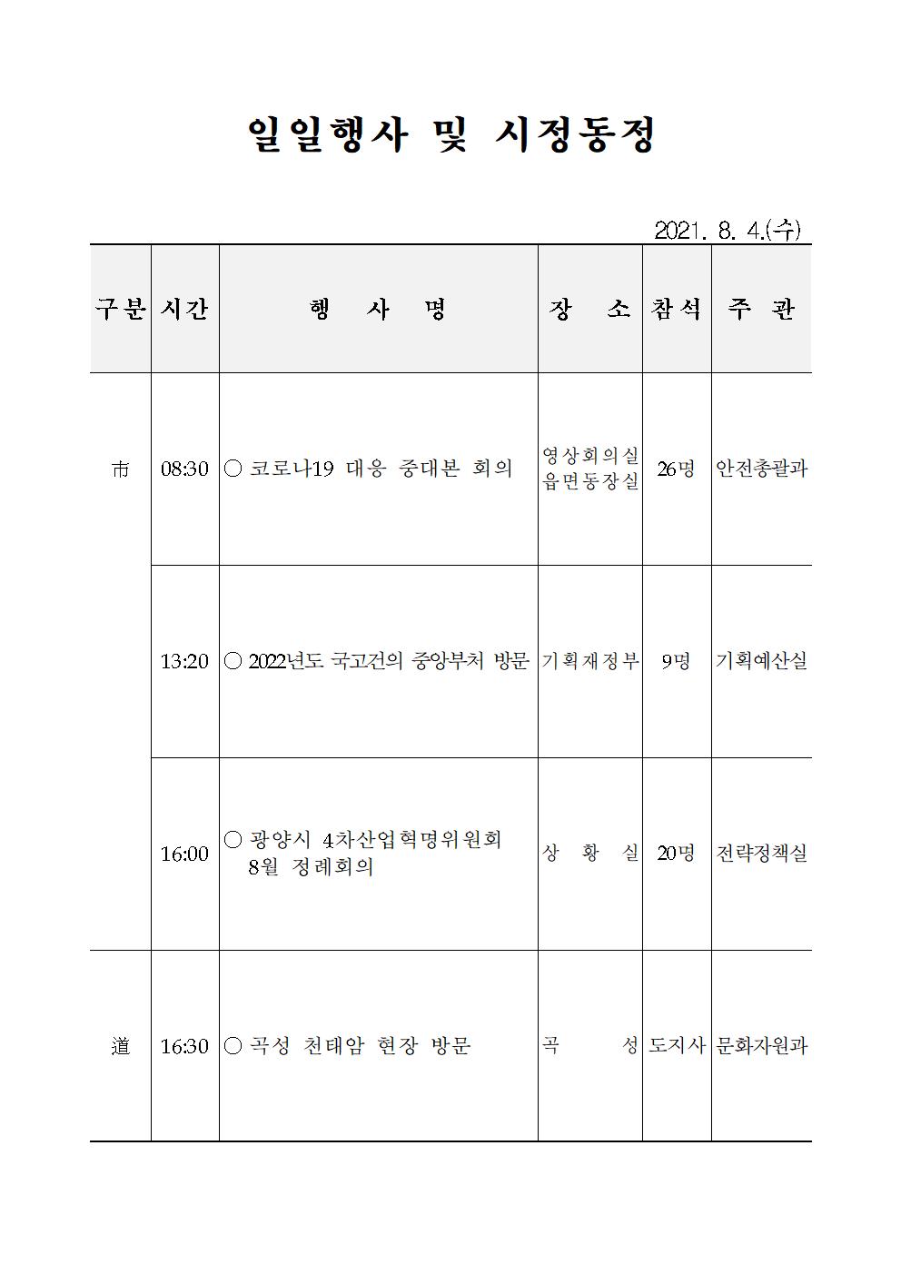 일일행사[2021년 8월 4일(수) 및 예정행사]