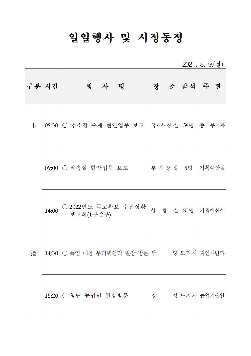 일일행사[2021년 8월 9일(월) 및 예정행사]