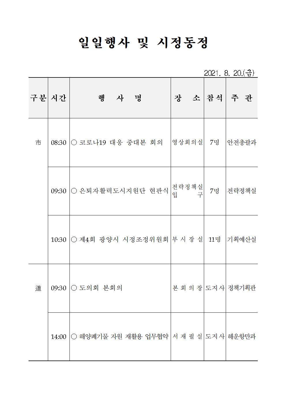 일일행사[2021년 8월 20일(금) 및 예정행사]