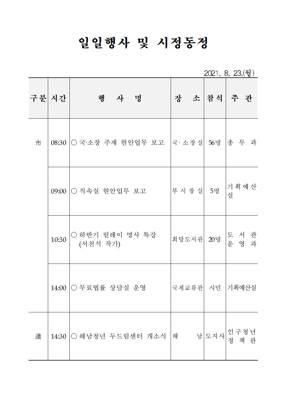 일일행사[2021년 8월 23일(월) 및 예정행사]