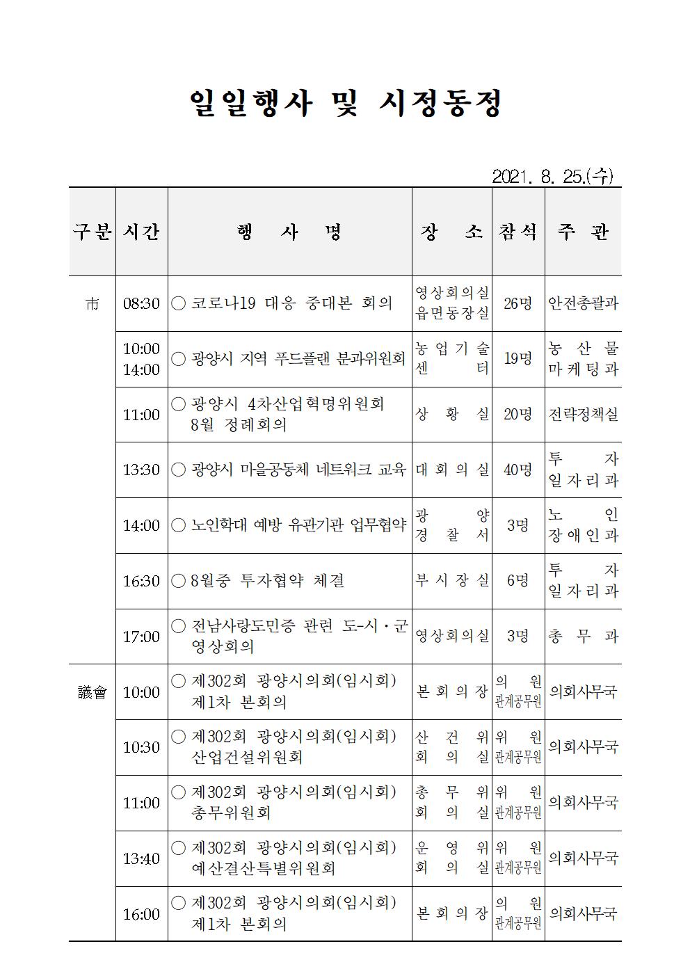 일일행사[2021년 8월 25일(수) 및 예정행사]