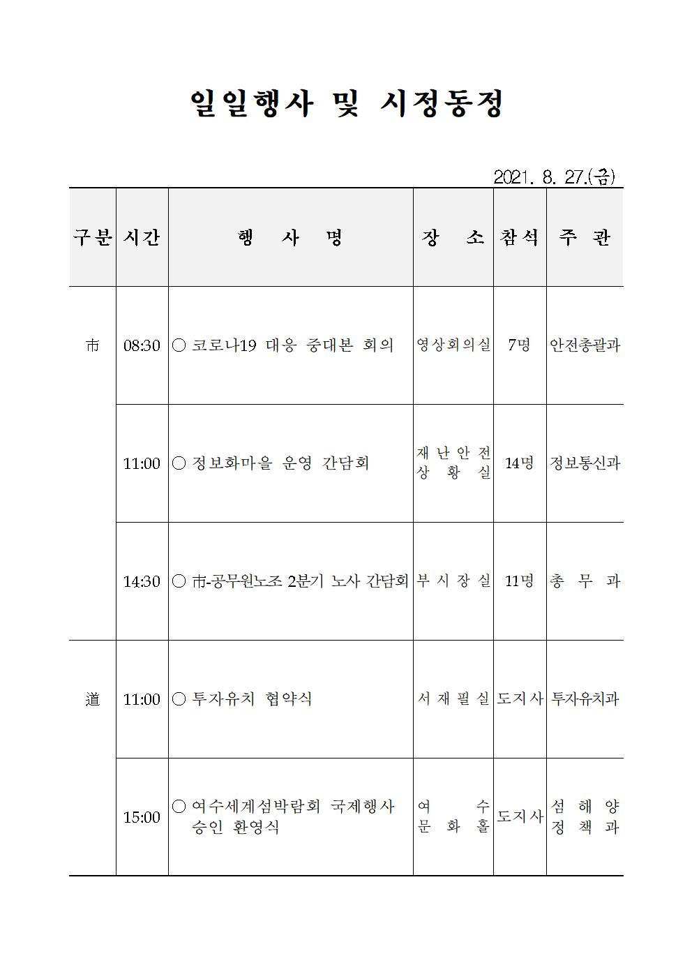 일일행사[2021년 8월 27일(금) 및 예정행사]