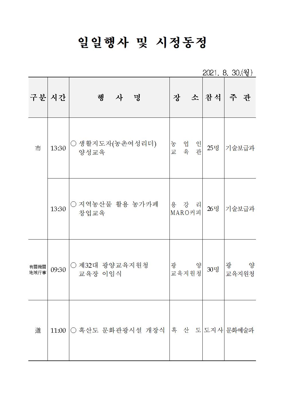 일일행사[2021년 8월 30일(월) 및 예정행사]