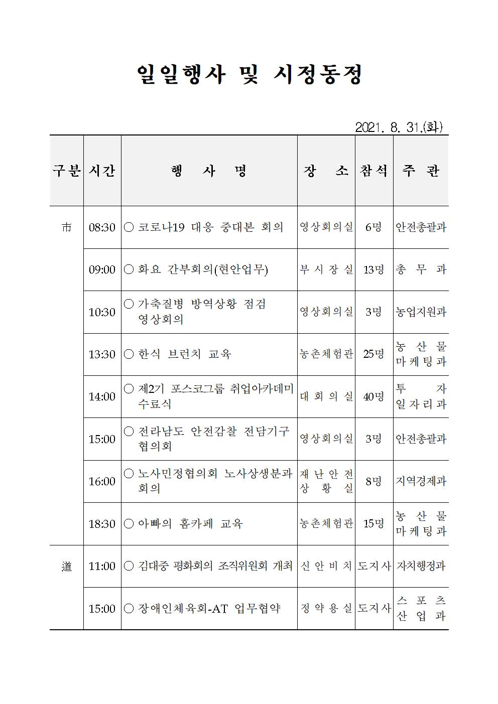 일일행사[2021년 8월 31일(화) 및 예정행사]