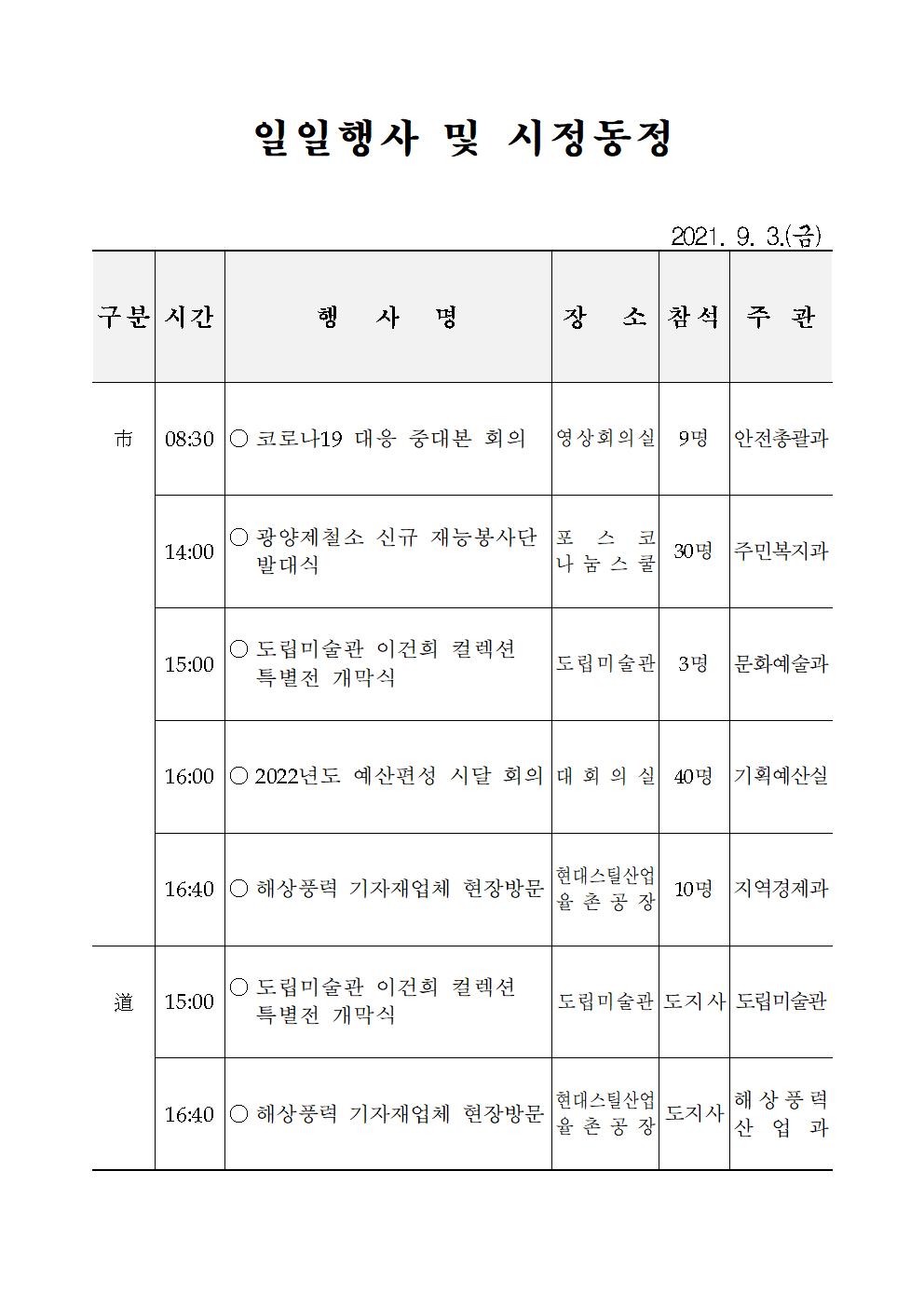 일일행사[2021년 9월 3일(금) 및 예정행사]