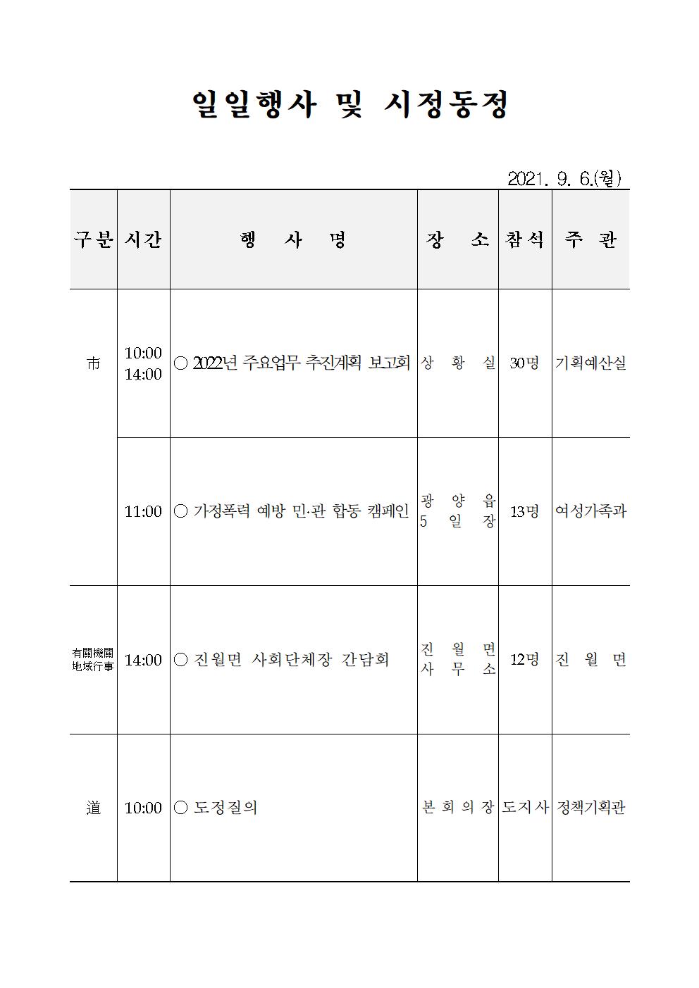 일일행사[2021년 9월 6일(월) 및 예정행사]