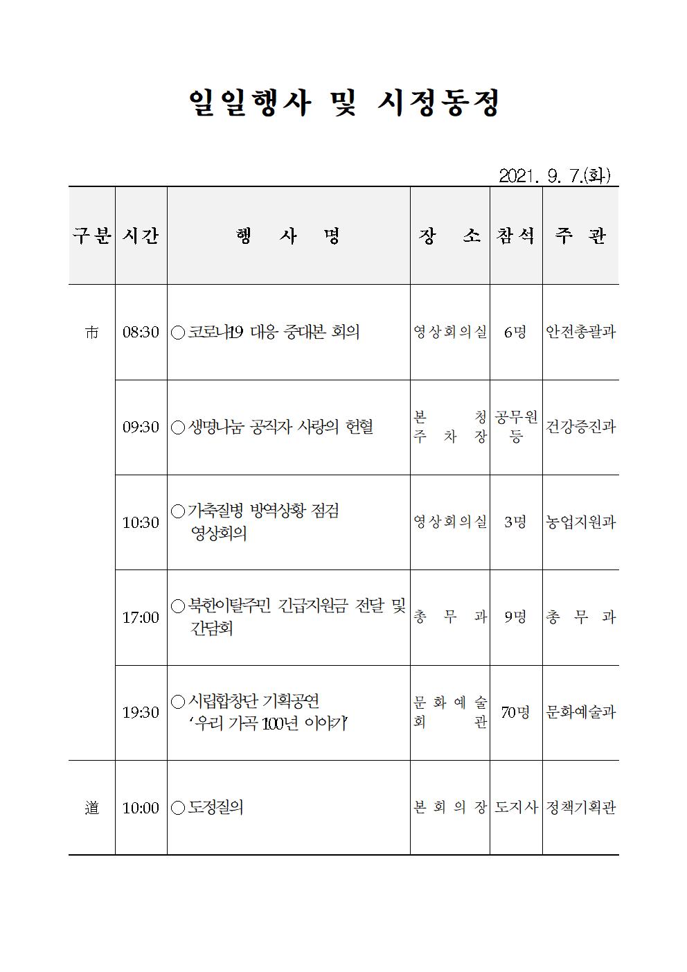 일일행사[2021년 9월 7일(화) 및 예정행사]