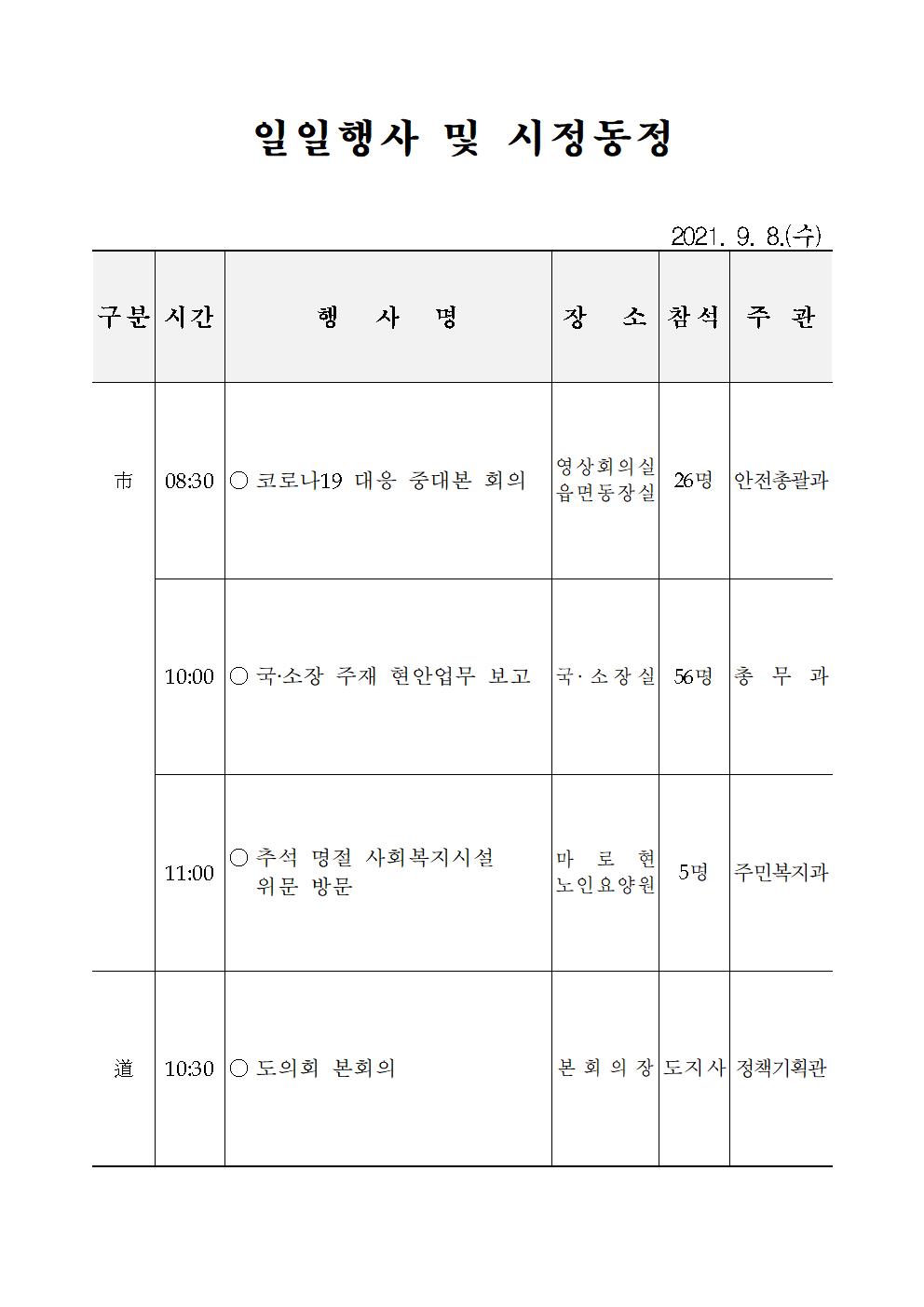 일일행사[2021년 9월 8일(수) 및 예정행사]