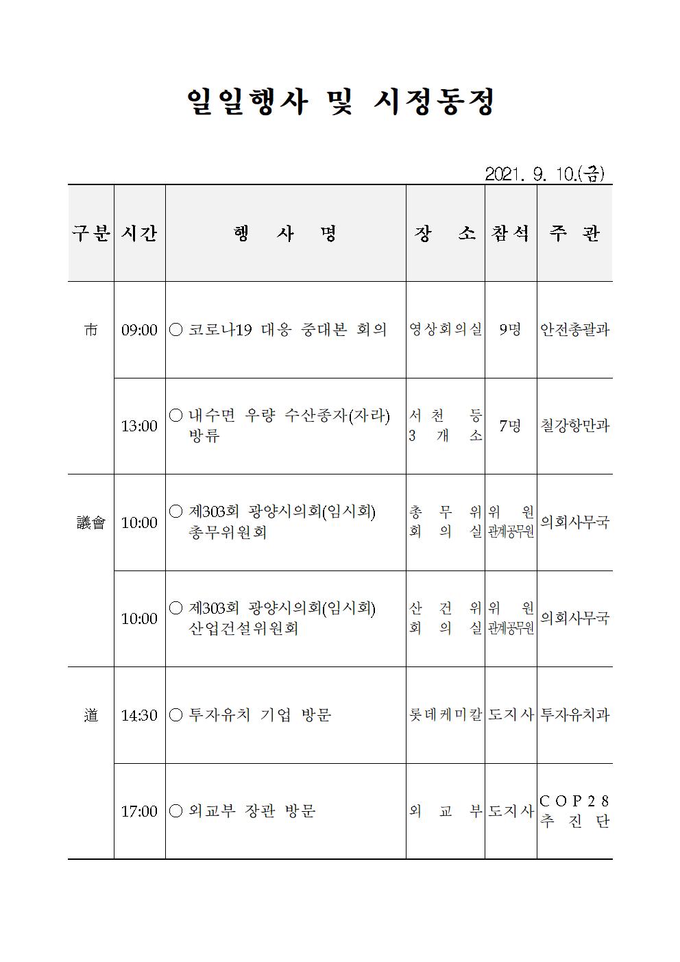 일일행사[2021년 9월 10일(금) 및 예정행사]