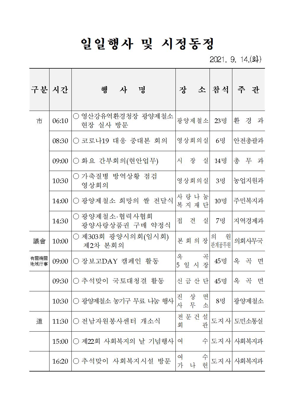 일일행사[2021년 9월 14일(화) 및 예정행사]