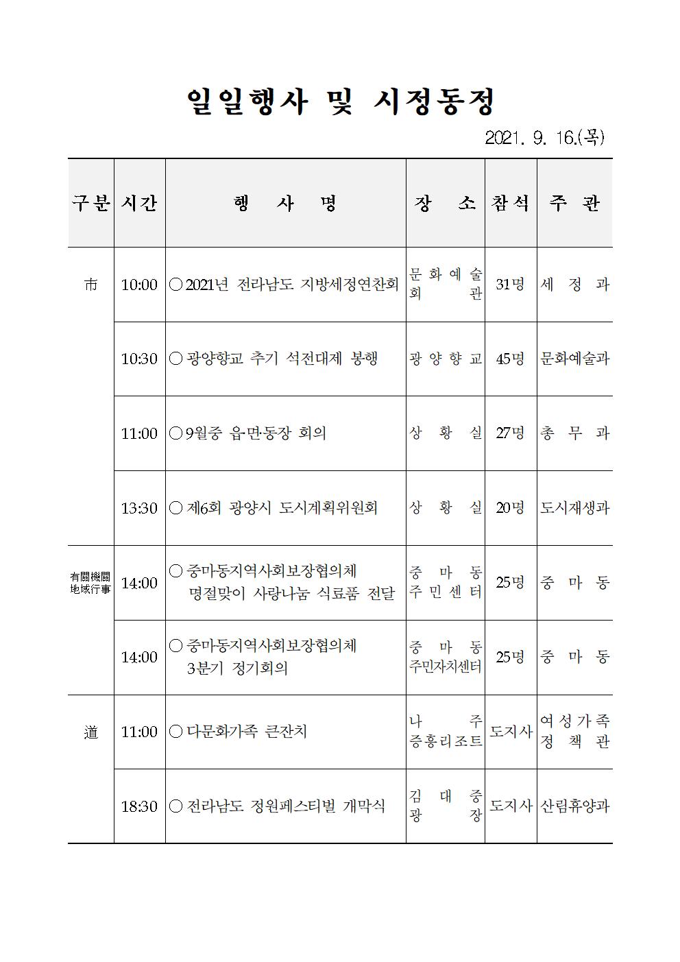 일일행사[2021년 9월 16일(목) 및 예정행사]