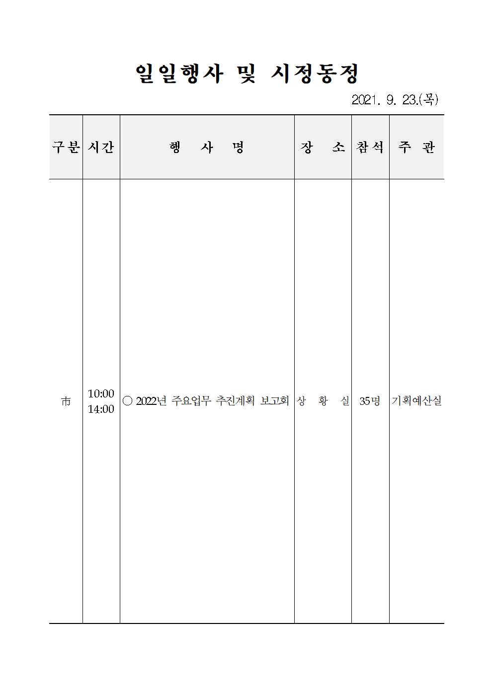 일일행사[2021년 9월 23일(목) 및 예정행사]