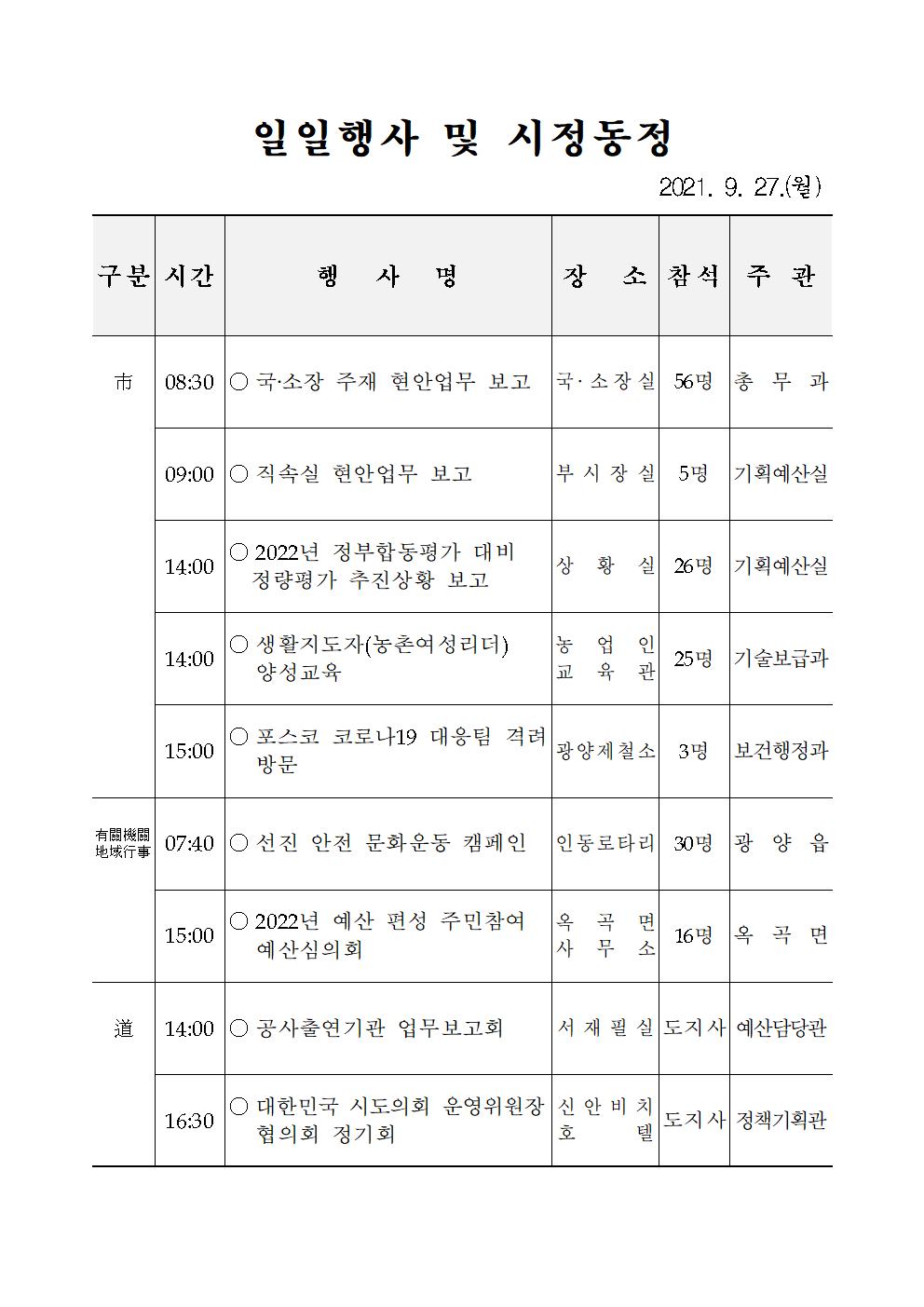 일일행사[2021년 9월 27일(월) 및 예정행사]