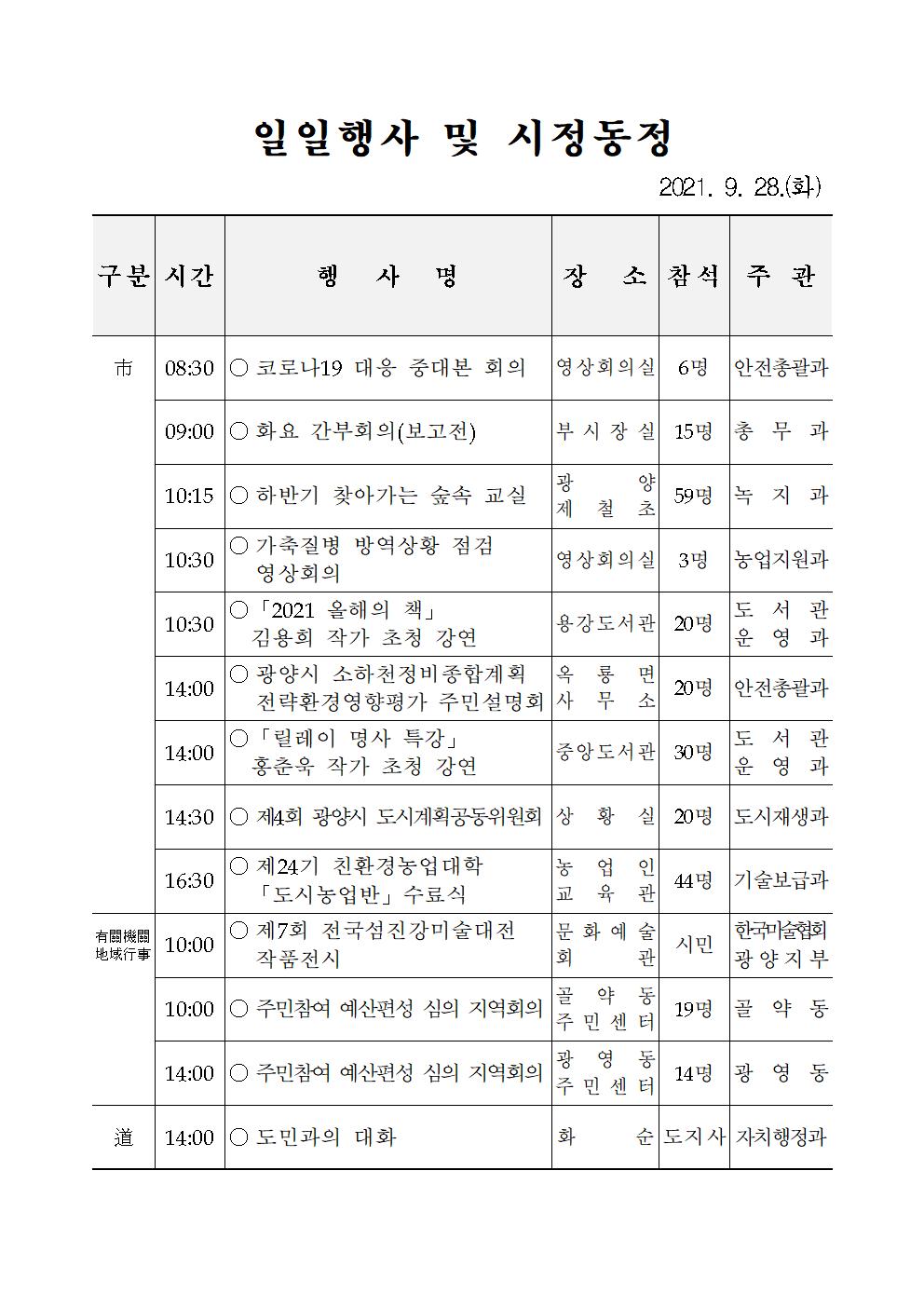 일일행사[2021년 9월 28일(화) 및 예정행사]