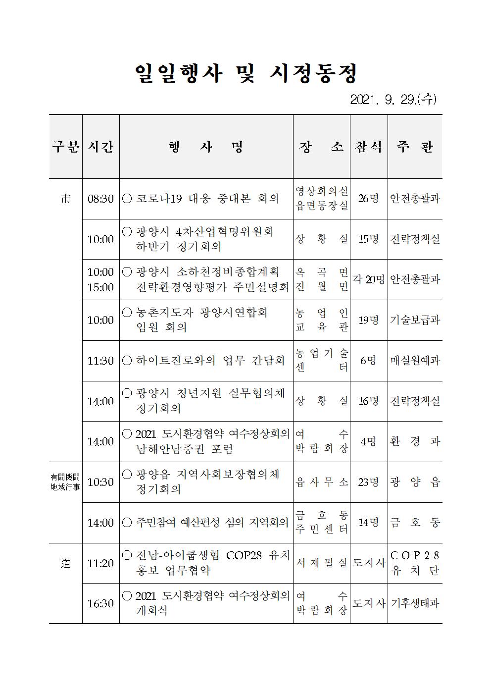 일일행사[2021년 9월 29일(수) 및 예정행사]