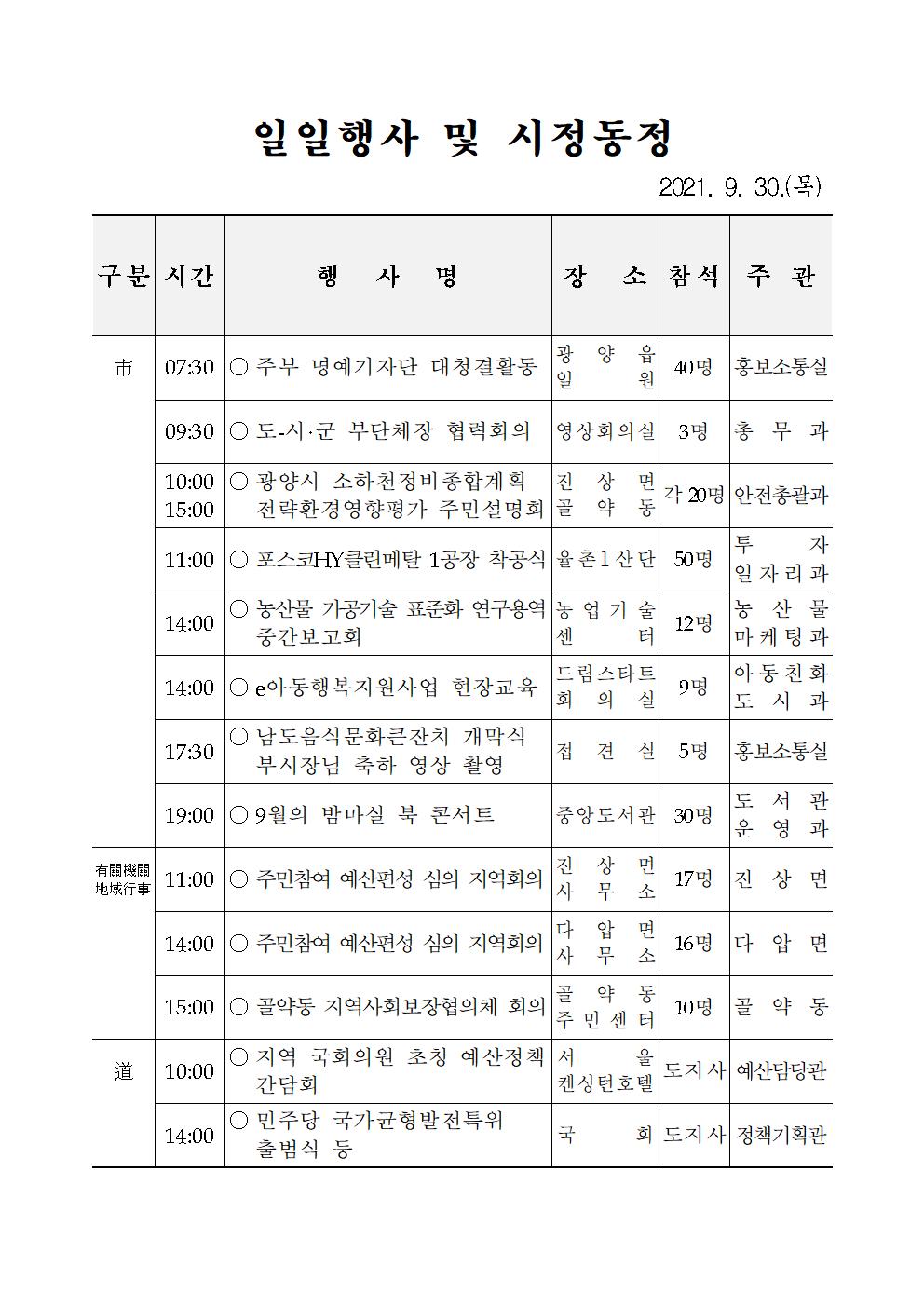 일일행사[2021년 9월 30일(목) 및 예정행사]