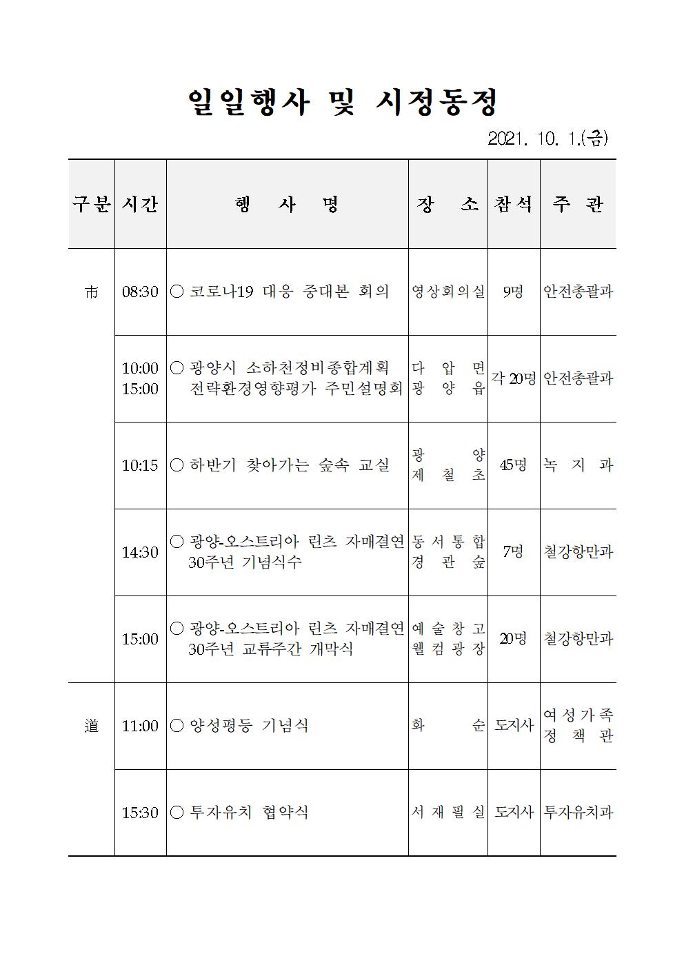 일일행사[2021년 10월 1일(금) 및 예정행사]