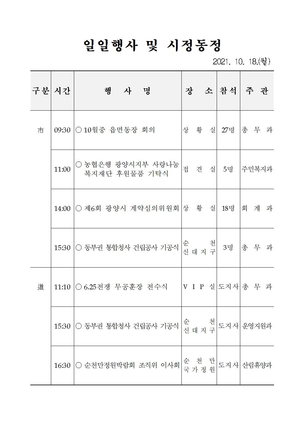 일일행사[2021년 10월 18일(월) 및 예정행사]