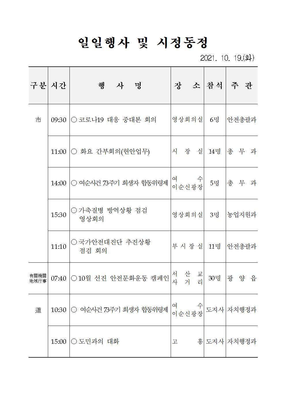 일일행사[2021년 10월 19일(화) 및 예정행사]